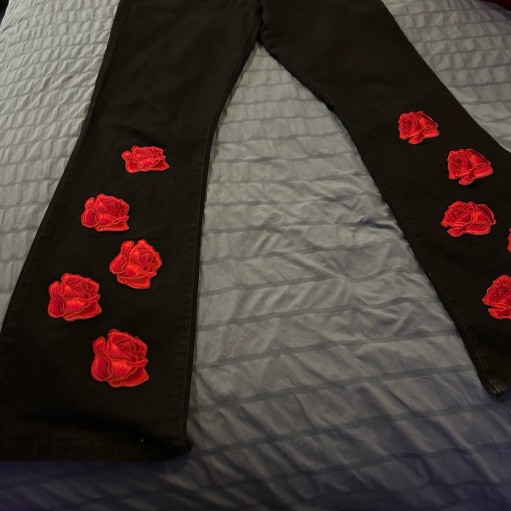 Jennifer Lopez Black Jeans with Red Rose Embroidery